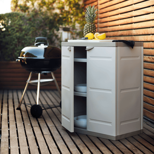 Guarda-roupa 2 portas com 2 prateleiras internas, armário baixo para área externa, armário de resina bege titânio 70x88x41 cm