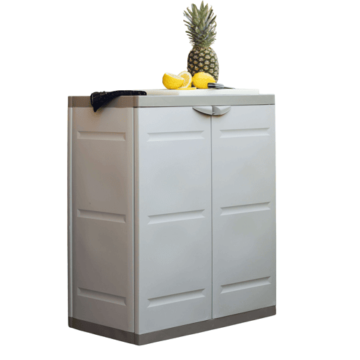 Guarda-roupa 2 portas com 2 prateleiras internas, armário baixo para área externa, armário de resina bege titânio 70x88x41 cm