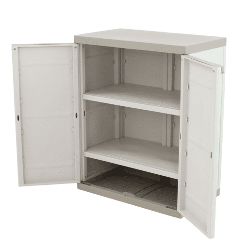 Guarda-roupa 2 portas com 2 prateleiras internas, armário baixo para área externa, armário de resina bege titânio 70x88x41 cm