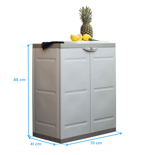 Guarda-roupa 2 portas com 2 prateleiras internas, armário baixo para área externa, armário de resina bege titânio 70x88x41 cm