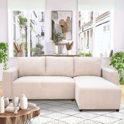 Sofá-cama Ulises Chaise Longue, reversível com espaço de armazenamento de 80L, sofá de canto de 3-4 lugares, 224x84x84 cm, bege