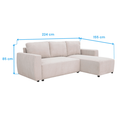 Sofá-cama Ulises Chaise Longue, reversível com espaço de armazenamento de 80L, sofá de canto de 3-4 lugares, 224x84x84 cm, bege