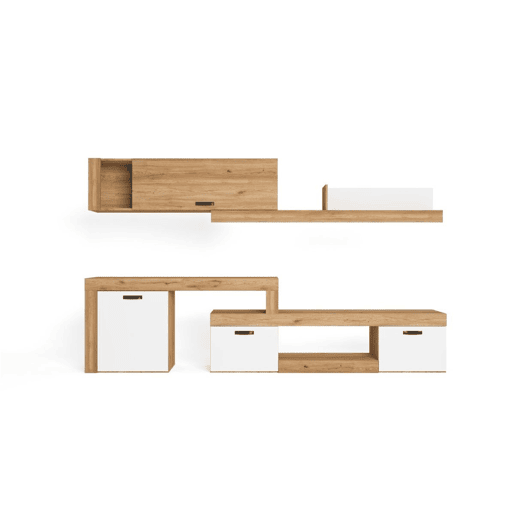 Conjunto completo de móveis de canto modulares para sala de estar Argos Suporte de TV 4 módulos Branco fosco e carvalho natural 293x200x40 cm