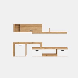 Conjunto completo de móveis de canto modulares para sala de estar Argos Suporte de TV 4 módulos Branco fosco e carvalho natural 293x200x40 cm