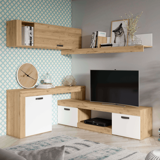 Conjunto completo de móveis de canto modulares para sala de estar Argos Suporte de TV 4 módulos Branco fosco e carvalho natural 293x200x40 cm