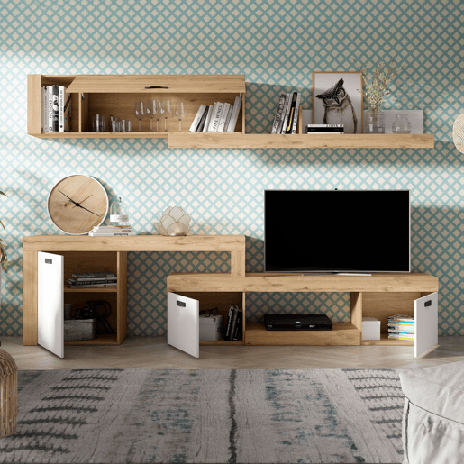 Conjunto completo de móveis de canto modulares para sala de estar Argos Suporte de TV 4 módulos Branco fosco e carvalho natural 293x200x40 cm