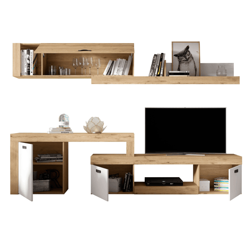 Conjunto completo de móveis de canto modulares para sala de estar Argos Suporte de TV 4 módulos Branco fosco e carvalho natural 293x200x40 cm