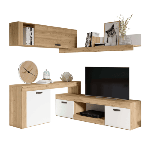 Conjunto completo de móveis de canto modulares para sala de estar Argos Suporte de TV 4 módulos Branco fosco e carvalho natural 293x200x40 cm