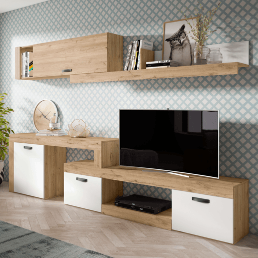 Conjunto completo de móveis de canto modulares para sala de estar Argos Suporte de TV 4 módulos Branco fosco e carvalho natural 293x200x40 cm