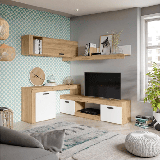 Conjunto completo de móveis de canto modulares para sala de estar Argos Suporte de TV 4 módulos Branco fosco e carvalho natural 293x200x40 cm