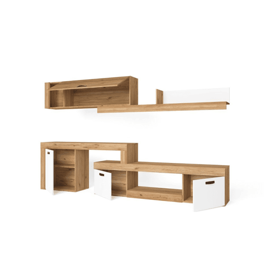 Conjunto completo de móveis de canto modulares para sala de estar Argos Suporte de TV 4 módulos Branco fosco e carvalho natural 293x200x40 cm