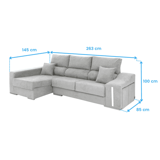 Sofá-cama Oscar Left de 3 lugares, baú, 2 pufes, assentos extensíveis, cinza claro, 263 cm