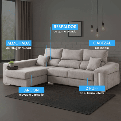 Sofá-cama Oscar Left de 3 lugares, baú, 2 pufes, assentos extensíveis, cinza claro, 263 cm