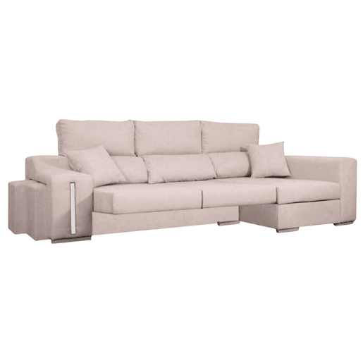 Sofá Oscar Chaise Longue 3 Lugares Direito, Baú, 2 Pufes, Assentos Extensíveis Bege 263 cm