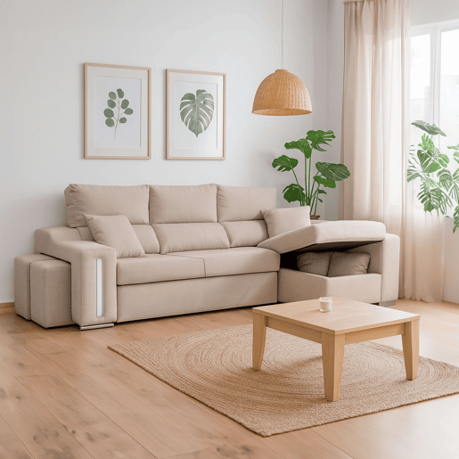 Sofá Oscar Chaise Longue 3 Lugares Direito, Baú, 2 Pufes, Assentos Extensíveis Bege 263 cm