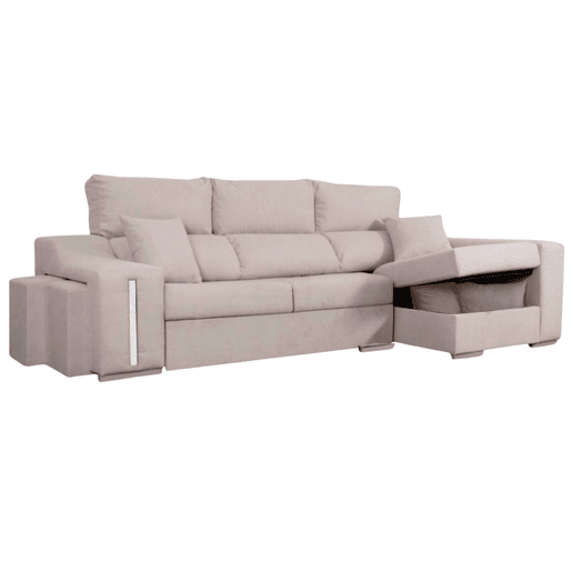 Sofá Oscar Chaise Longue 3 Lugares Direito, Baú, 2 Pufes, Assentos Extensíveis Bege 263 cm