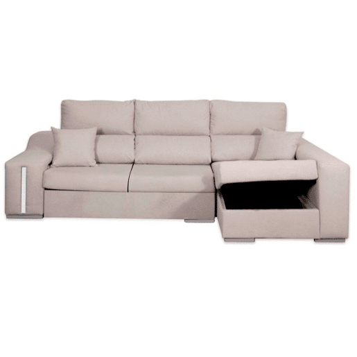 Sofá Oscar Chaise Longue 3 Lugares Direito, Baú, 2 Pufes, Assentos Extensíveis Bege 263 cm