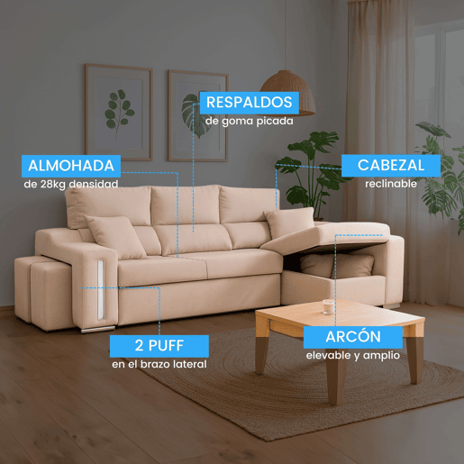 Sofá Oscar Chaise Longue 3 Lugares Direito, Baú, 2 Pufes, Assentos Extensíveis Bege 263 cm