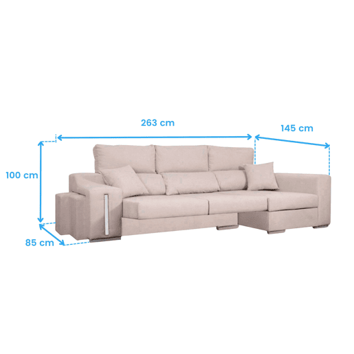 Sofá Oscar Chaise Longue 3 Lugares Direito, Baú, 2 Pufes, Assentos Extensíveis Bege 263 cm