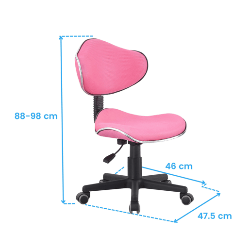 Cadeira de escritório infantil Bambola, giratória, para quarto, com altura ajustável, em poliéster rosa, 48x88-98x46 cm