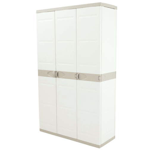 Armário de jardim de titânio com 3 portas, armário de resina com 4 prateleiras ajustáveis, bege, 105 x 176 x 41 cm