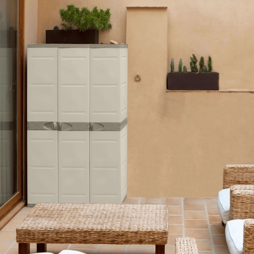 Armário de jardim de titânio com 3 portas, armário de resina com 4 prateleiras ajustáveis, bege, 105 x 176 x 41 cm
