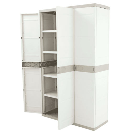 Armário de jardim de titânio com 3 portas, armário de resina com 4 prateleiras ajustáveis, bege, 105 x 176 x 41 cm