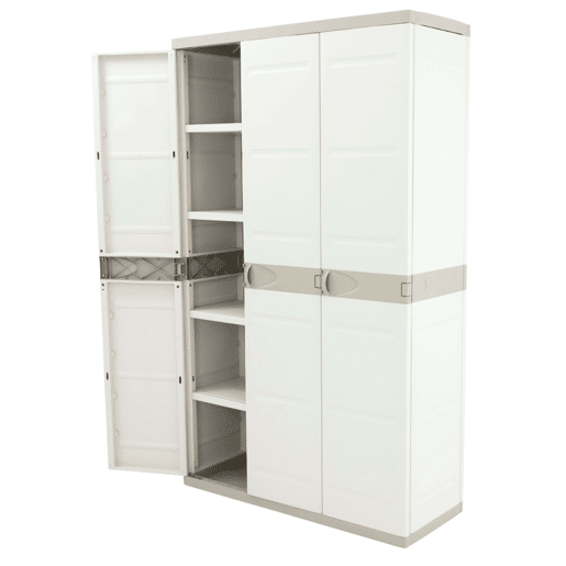 Armário de jardim de titânio com 3 portas, armário de resina com 4 prateleiras ajustáveis, bege, 105 x 176 x 41 cm