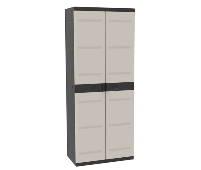 Armario de resina escobero jardín titanium, armario exterior 2 puertas 4 estantes negro 70x176x41 cm