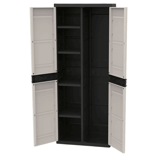 Armário de vassouras de resina de titânio, armário externo com 2 portas e 4 prateleiras, preto, 70x176x41 cm
