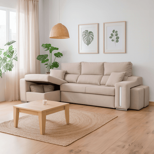 Sofá Oscar Chaise Longue 3 Lugares Esquerdo, Baú, 2 Pufes, Assentos Extensíveis, Bege, 263 cm
