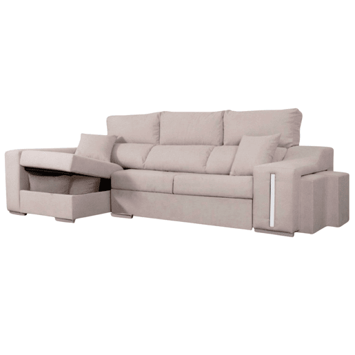 Sofá Oscar Chaise Longue 3 Lugares Esquerdo, Baú, 2 Pufes, Assentos Extensíveis, Bege, 263 cm