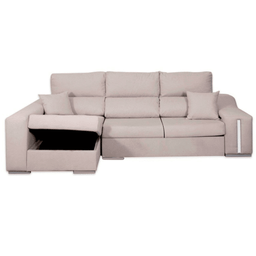 Sofá Oscar Chaise Longue 3 Lugares Esquerdo, Baú, 2 Pufes, Assentos Extensíveis, Bege, 263 cm