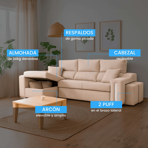 Sofá Oscar Chaise Longue 3 Lugares Esquerdo, Baú, 2 Pufes, Assentos Extensíveis, Bege, 263 cm