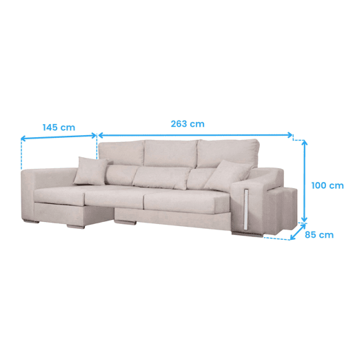Sofá Oscar Chaise Longue 3 Lugares Esquerdo, Baú, 2 Pufes, Assentos Extensíveis, Bege, 263 cm