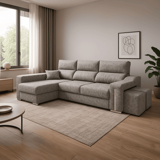Sofá-cama Oscar Left de 3 lugares, baú, 2 pufes, assentos extensíveis, cinza cimento, 263 cm