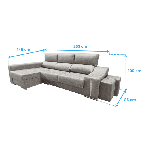 Sofá-cama Oscar Left de 3 lugares, baú, 2 pufes, assentos extensíveis, cinza cimento, 263 cm