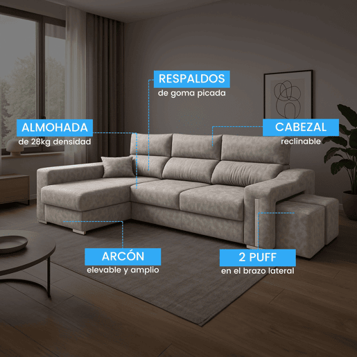 Sofá-cama Oscar Left de 3 lugares, baú, 2 pufes, assentos extensíveis, cinza cimento, 263 cm