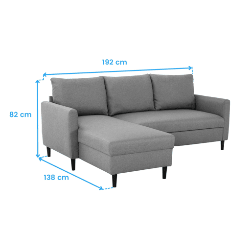 Sofá Capri Chaise Longue de 3 lugares, sofá de canto reversível, sala de estar, cinza 192x82x138 cm