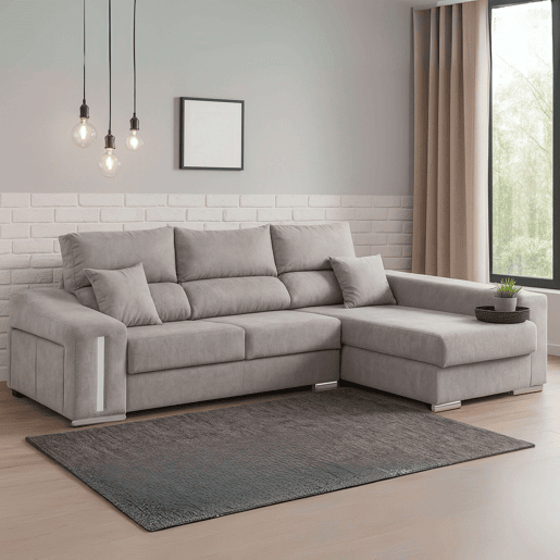 Sofá-cama Oscar Right de 3 lugares, cômoda, 2 pufes, assentos extensíveis, cinza claro, 263 cm