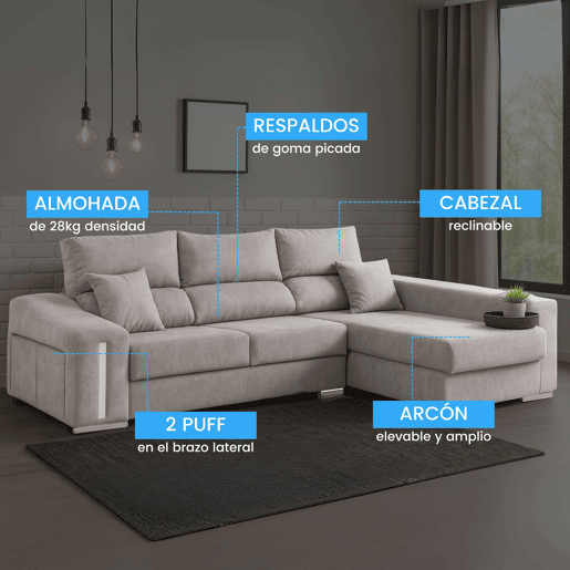Sofá-cama Oscar Right de 3 lugares, cômoda, 2 pufes, assentos extensíveis, cinza claro, 263 cm