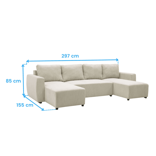 Sofá Ulises Chaise Longue Duplo, Sofá-cama Conversível, Sofá em U de 4-5 Lugares Bege 297 cm