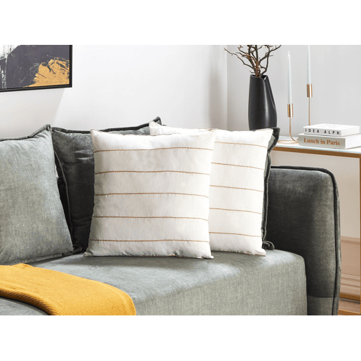Conjunto de 2 almofadas decorativas MILAS Linho 50 x 50 cm Branco Às riscas