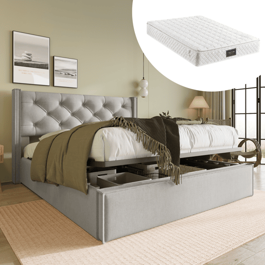 Cama de casal hidráulica 140x200 - com estrado de metal e arrumação - Cinza claro