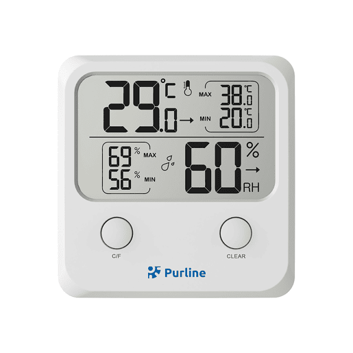 Estação meteorológica multifuncional que fornece informações sobre humidade, poluição e qualidade do ar ambiente. Tem um ecrã LCD com ícones animados e funciona a pilhas.