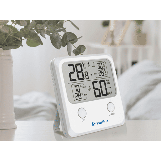 Estação meteorológica multifuncional que fornece informações sobre humidade, poluição e qualidade do ar ambiente. Tem um ecrã LCD com ícones animados e funciona a pilhas.