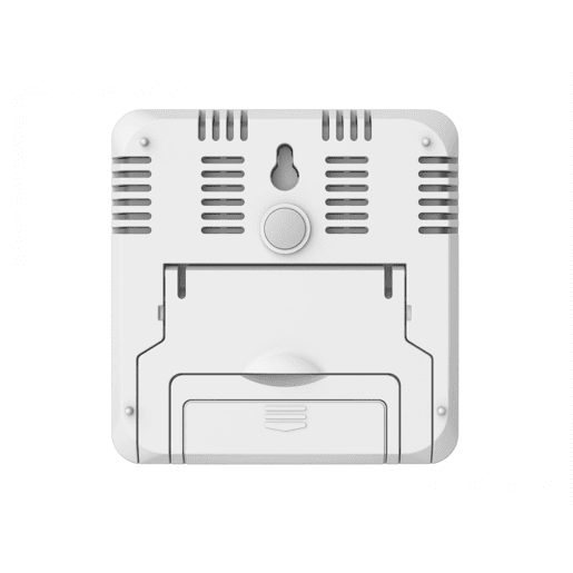 Estação meteorológica multifuncional que fornece informações sobre humidade, poluição e qualidade do ar ambiente. Tem um ecrã LCD com ícones animados e funciona a pilhas.