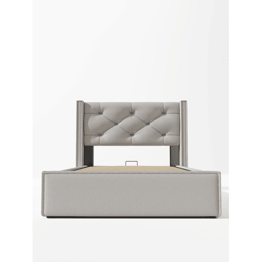 Cama individual hidráulica 90x200 - estofada com arrumação, estrutura metálica, algodão - Cinza claro