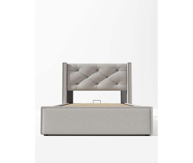 Cama individual hidráulica 90x200 - tapizada con almacenamiento, estructura metálica, algodón - gris claro