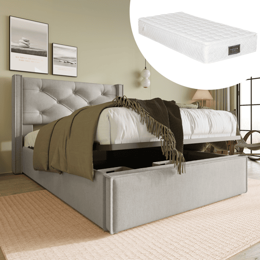 Cama individual hidráulica 90x200 - estofada com arrumação, estrutura metálica, algodão - Cinza claro